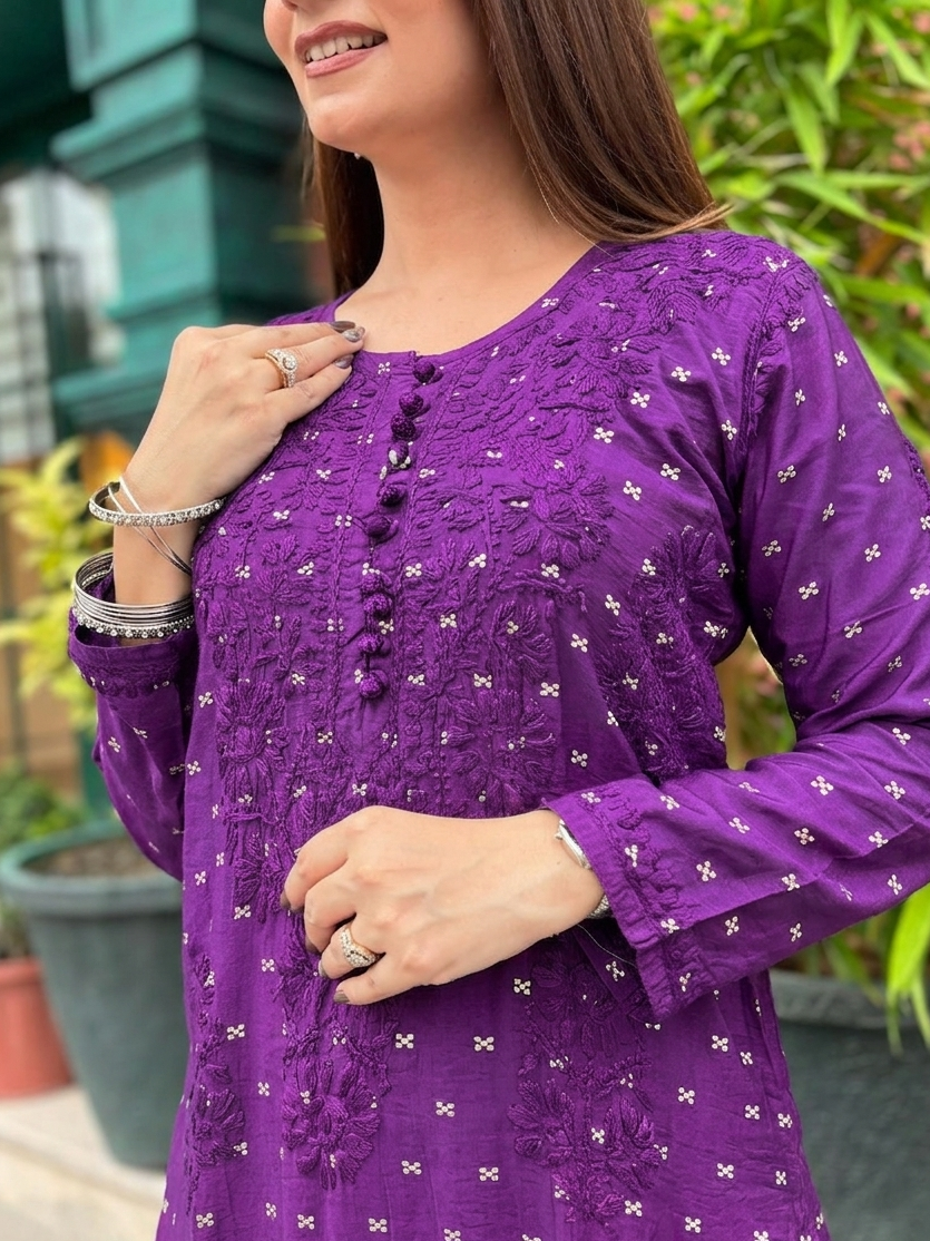 Rich Purple Handcrafted Chikankari Chanderi Silk Co-ord Set