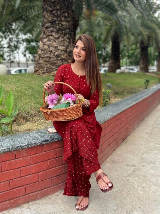 Red Handcrafted Chikankari Chanderi Silk Co-ord Set