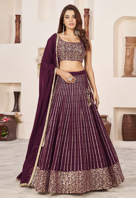 Wine Wedding Guests Glitter Embroidered Lehenga Choli