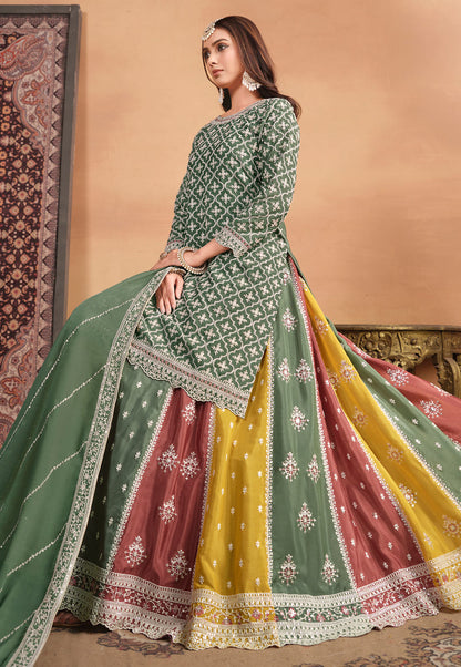 Green Chinon Wedding Reception Lehenga Suit with Dupatta