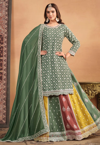 Green Chinon Wedding Reception Lehenga Suit with Dupatta