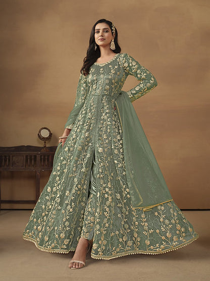 Green Front Slit Anarkali Salwar Kameez with Embroidery and Stone Work