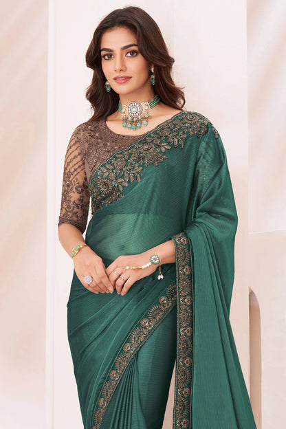 Green Elegant Party Wear Georgette Saree with Embroidered Banglori Silk Blouse