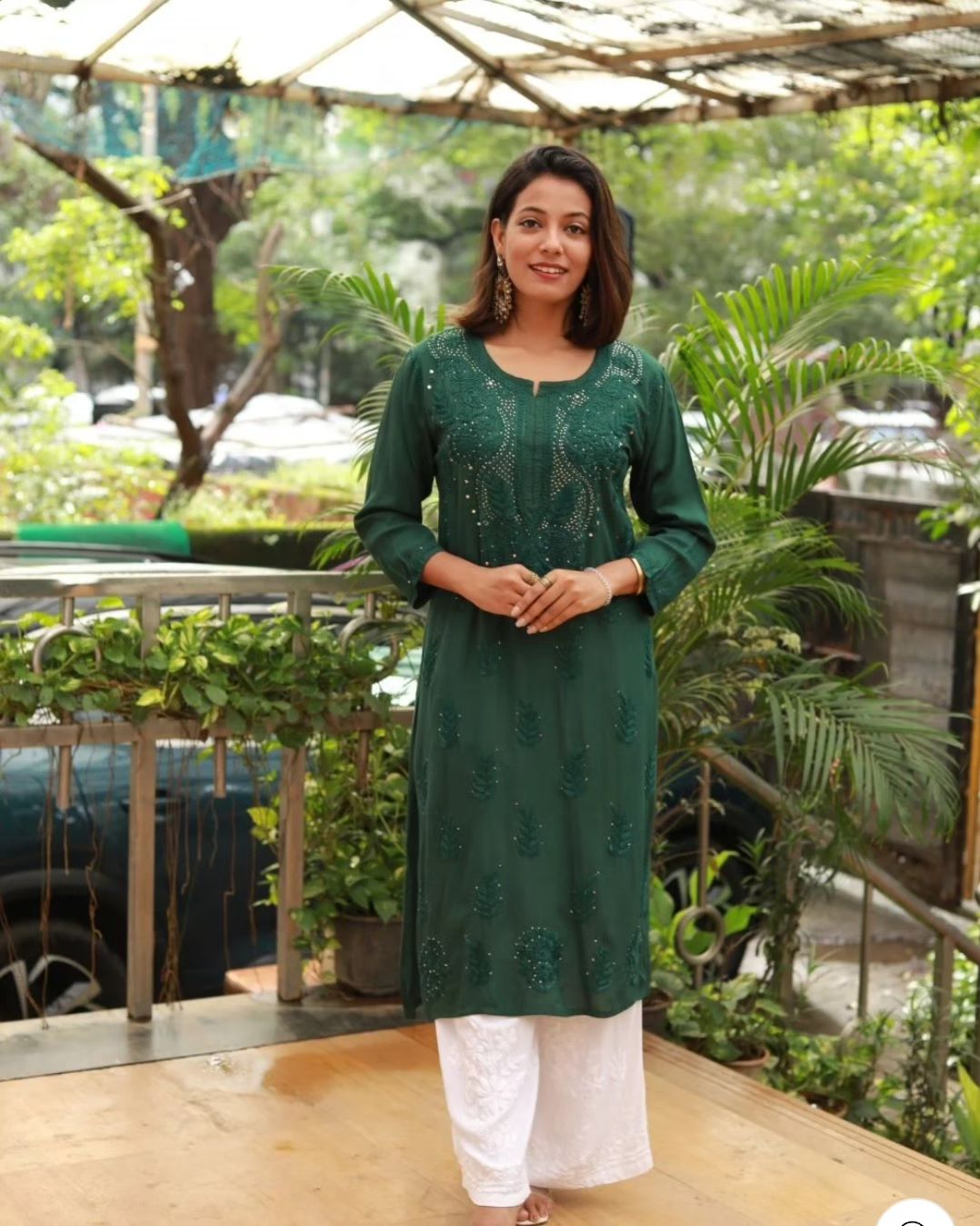 Green Exquisite Lucknow Chikankari Kurti Set with Mukesh Work