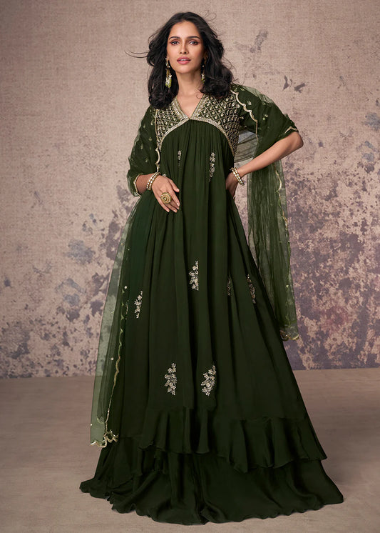 Green Designer Art Silk Embroidered Anarkali Suit – Wedding & Festive Outfit