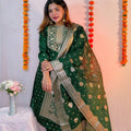Green Artisan Jacquard Suit Set: Embroidered Neck Top, Pants & Zari Weaving Dupatta