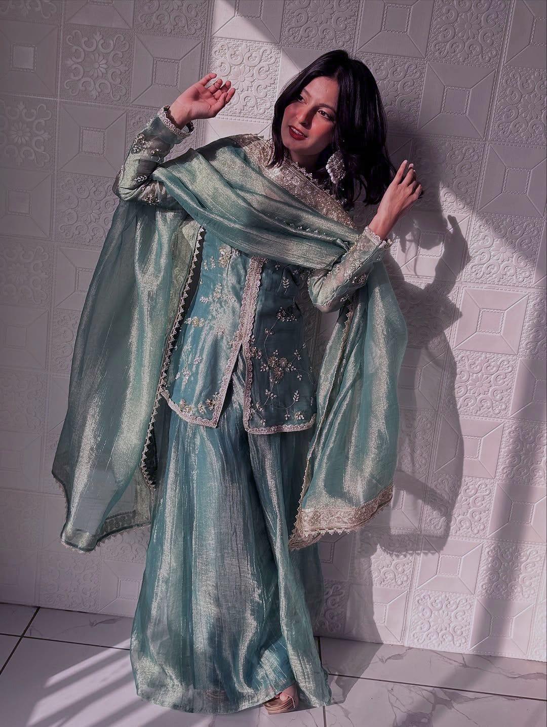 Green Glimmer & Grace: Embroidered Silk Sharara Suit Set