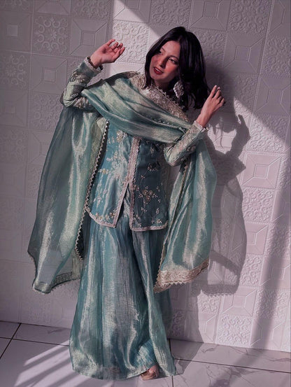 Green Glimmer & Grace: Embroidered Silk Sharara Suit Set