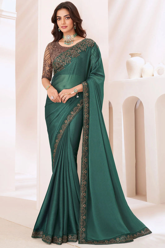 Green Elegant Party Wear Georgette Saree with Embroidered Banglori Silk Blouse