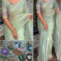 Green Designer Pearl Work Liquid Organza Saree Blouse Set