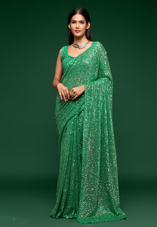 Green Heavy Sequins Work Bridesmaid Saree with Blouse