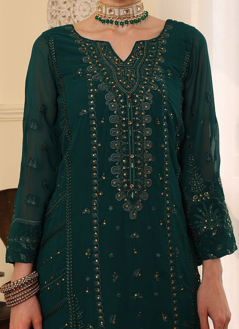 Rama Green Pakistani Salwar Suit with Sequins & Zari Stone Work