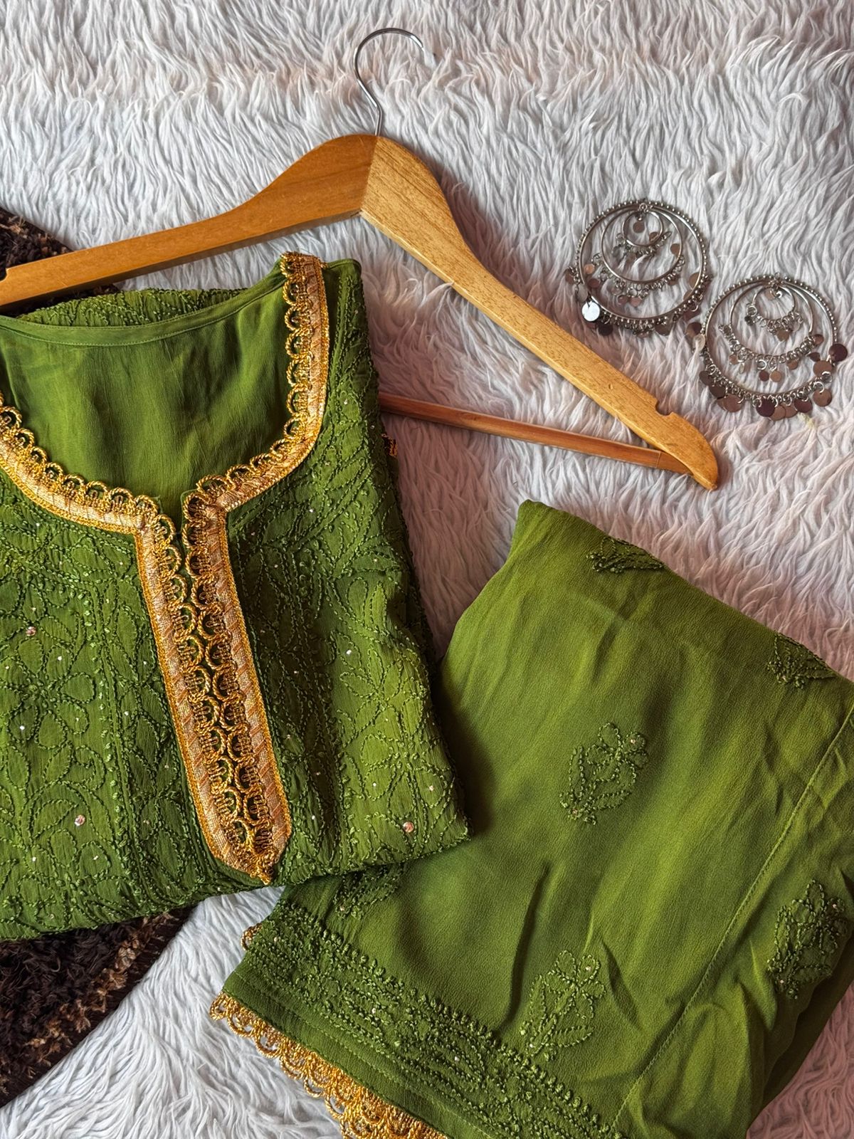 Green Premium Lucknow Chikankari Viscose Kurta, Palazzo & Dupatta Set with Mukaish and Lace Work