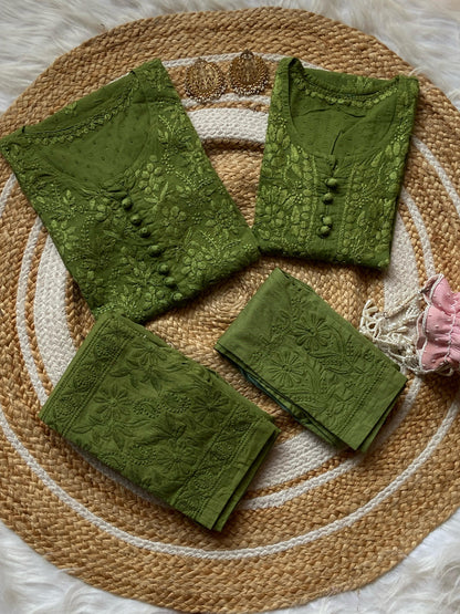 Green Mother-Daughter Chikankari Set Dobby Cotton Kurti & Lycra Stretchable Pant Co-ord Set