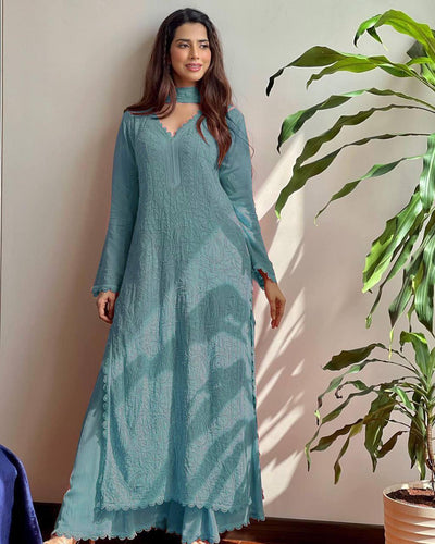 Green Elegant Viscose Lucknow Chikankari Handwork Ensemble (New)