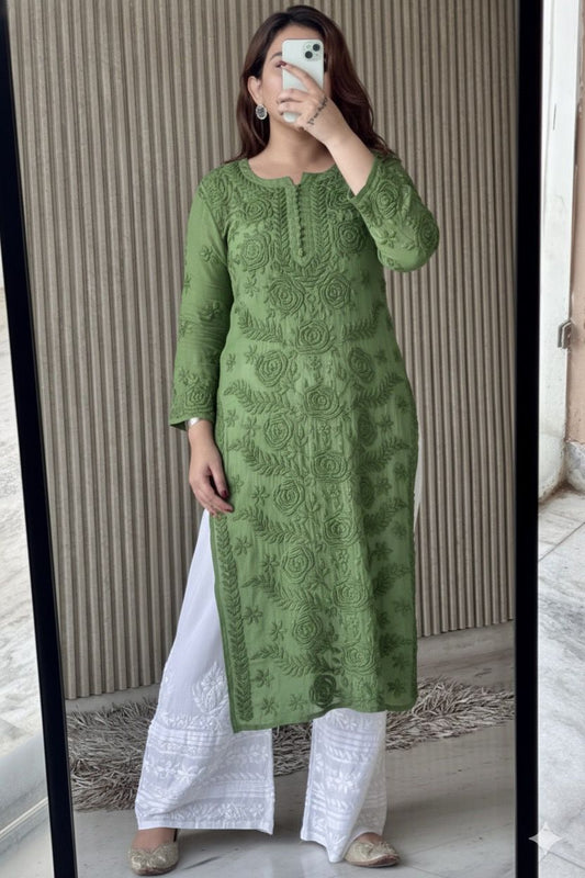 Green Lucknowi Chikankari Rose Viscose Georgette Kurta Set
