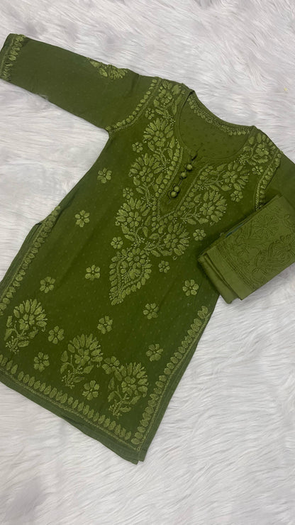 Green Mother-Daughter Chikankari Set Dobby Cotton Kurti & Lycra Stretchable Pant Co-ord Set