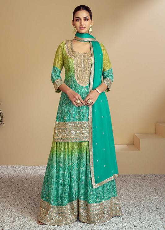 Green bandhani Print Style Premium Ombre Gharara Salwar Kameez with Dupatta