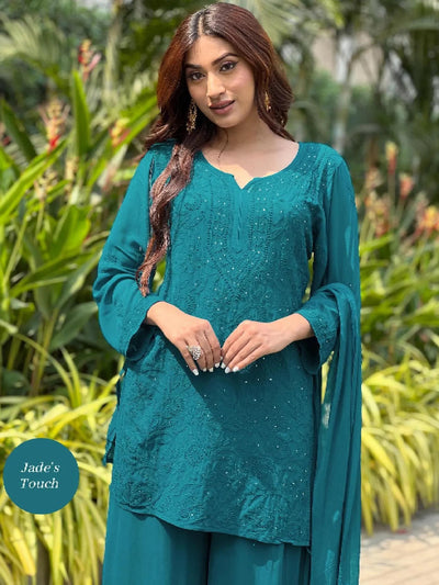 Teal Green Premium Resham Viscose Jall Short Kurti Set