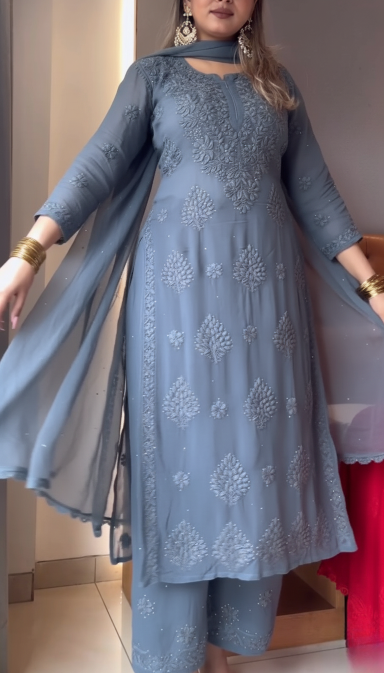 Classic Grey Viscose Chikankari Kurti Set with 3D Handwork Inner included