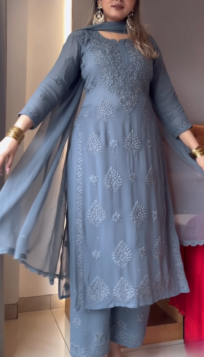 Classic Grey Viscose Chikankari Kurti Set with 3D Handwork Inner included