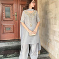 Grey Designer Crepe Salwar Suit with Hand Work & Farshi Palazzo | Party Wear
