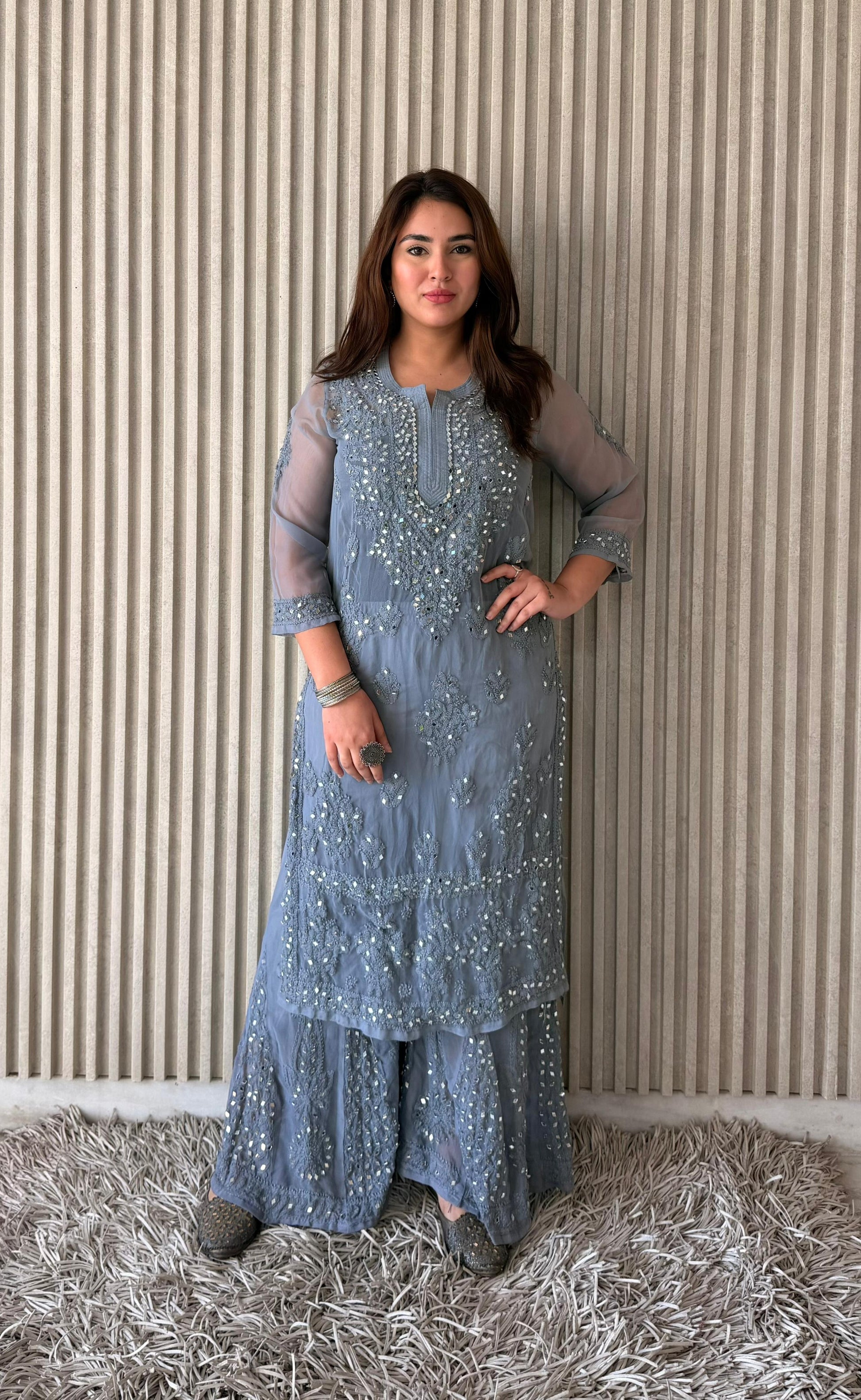 Grey Elegant Chikankari Kurta Sharara Set with Dupatta 46 / Grey Grey Elegant Chikankari Kurta Sharara Set with Dupatta 46 / Grey