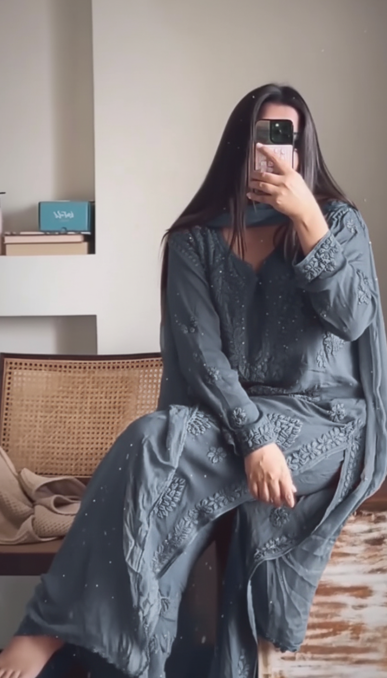 Classic Grey Viscose Chikankari Kurti Set with 3D Handwork Inner included