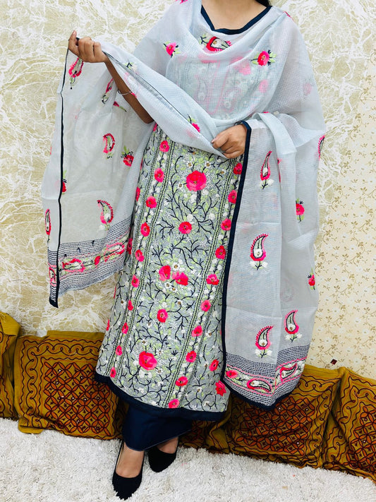 Grey Pink Kota Doria Phulkari Work Cotton Suit with Tafeta Pants and Kota Doria Dupatta