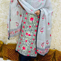 Grey Pink Kota Doria Phulkari Work Cotton Suit with Tafeta Pants and Kota Doria Dupatta