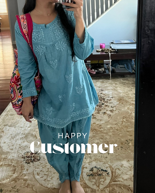 Blue Cotton Rayon Short Kurti + Cotton Dhoti Pant Lucknow Chikankari Co-ord Set