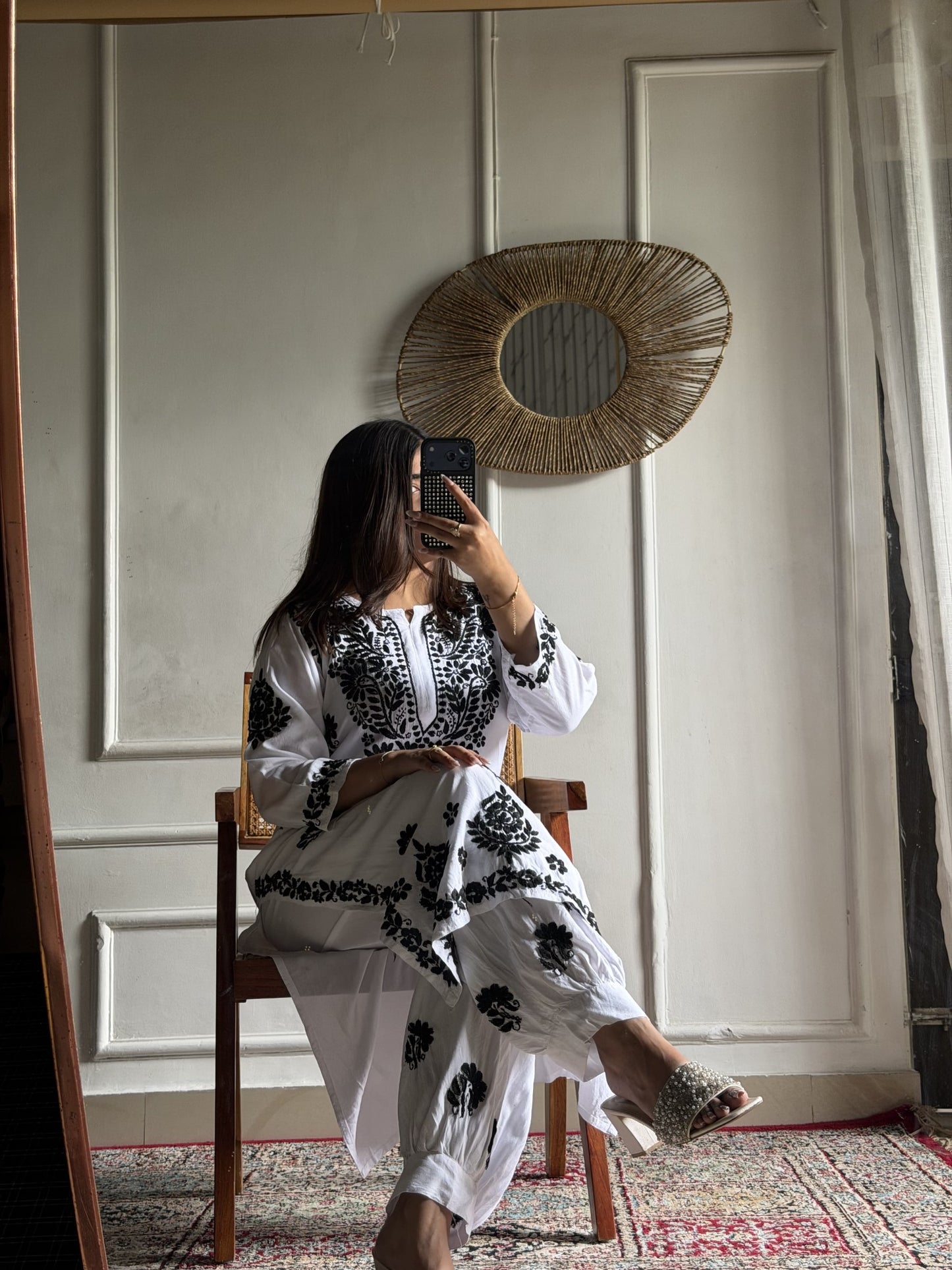 White base black thread Lucknow Chikankari rayon shalwar set