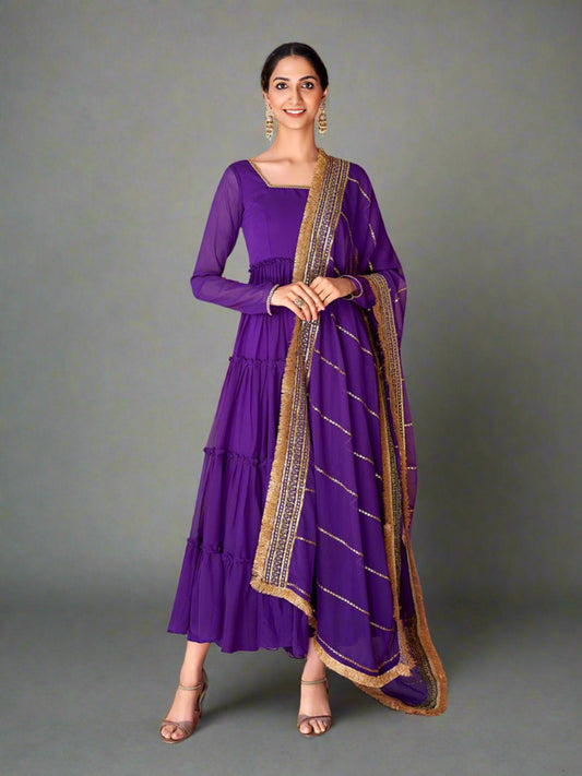 Exquisite Violet Party Wear Gown with Heavy Work Dupatta