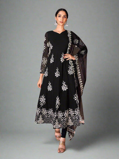 Elegant Black Anarkali Style Salwar Kameez with Dupatta