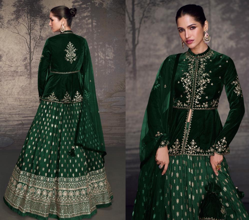 Dark Green Golden Embroidery Peplum Style Lehenga