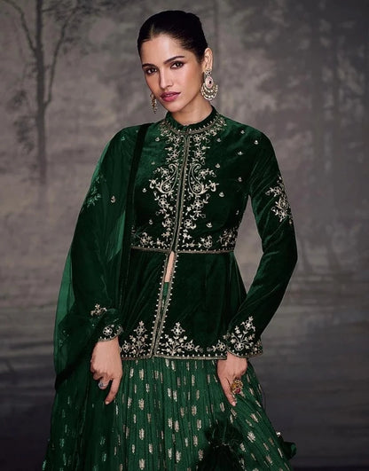 Dark Green Golden Embroidery Peplum Style Lehenga