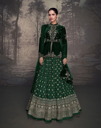 Dark Green Golden Embroidery Peplum Style Lehenga