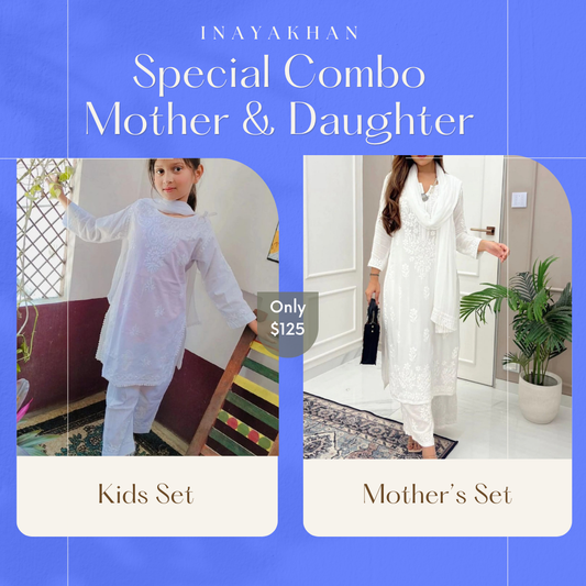 Combo Mother Daughter White Lucknow Chikankari Kurta Pant and Dupatta Set