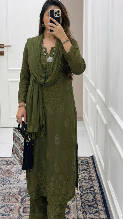 Earthy Olive Green Ethereal Dyeable Modal Chikankari Kurta Set (New)