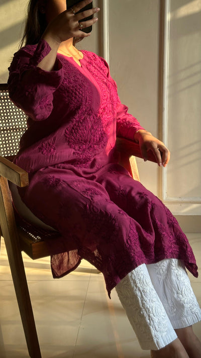 Dark Pink Lucknowi Chikankari Muslin Kurti with Heavy 3D Embroidery & Resham Buttons - Lightweight & Soft
