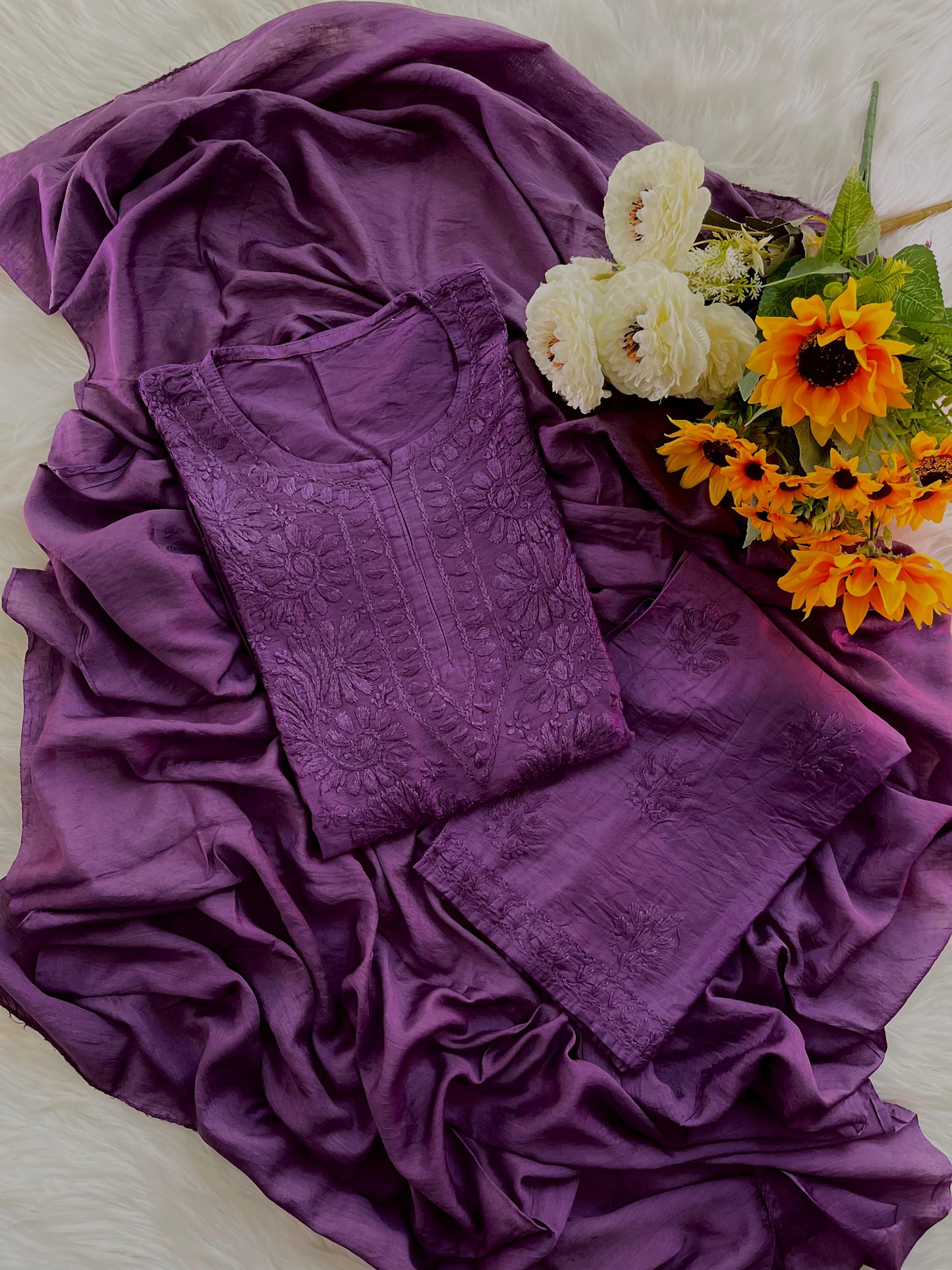 Purple Handcrafted Tone-on-Tone Lucknowi Chikankari Chanderi Silk Set