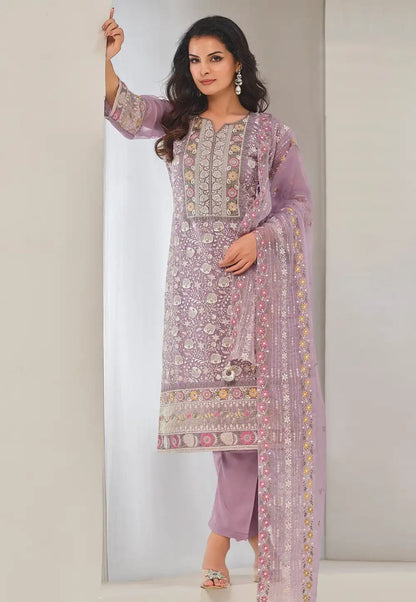 Lavendar Elegant Organza Pakistani Salwar Suit Set with Resham and Sequins Work