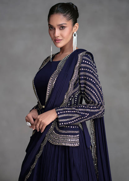 Navy Blue Indo-Western Lehenga Choli with Embroidered Drape and Cancan Skirt