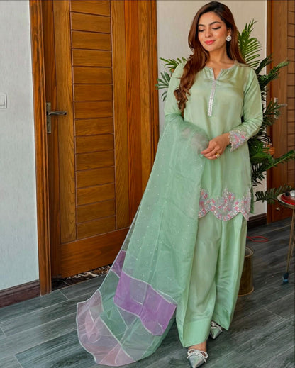 Light Green Designer Crepe Embroidered Farshi Salwar Suit Set