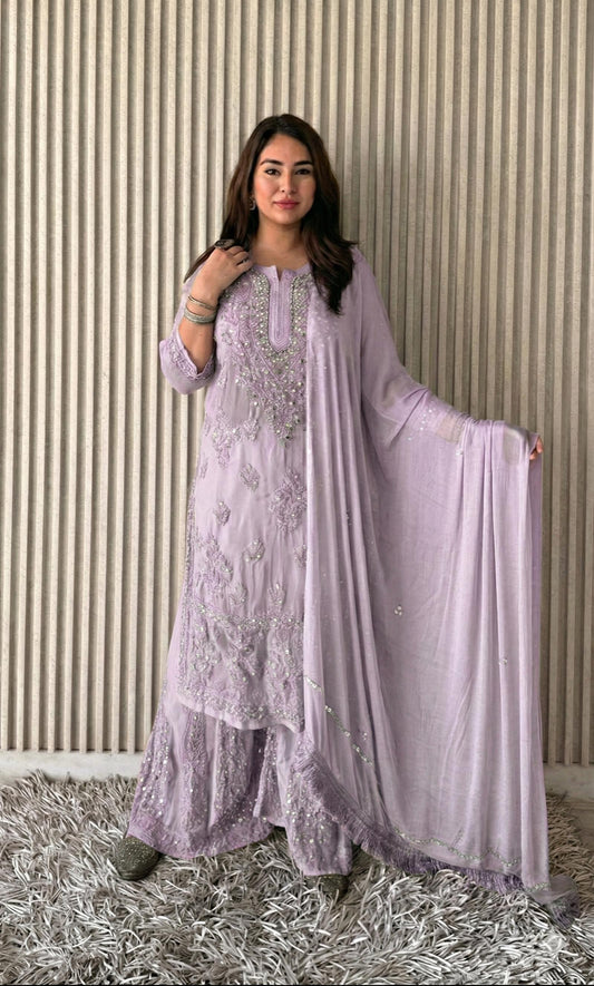 Light Purple Elegant Chikankari Kurta Sharara Set with Dupatta