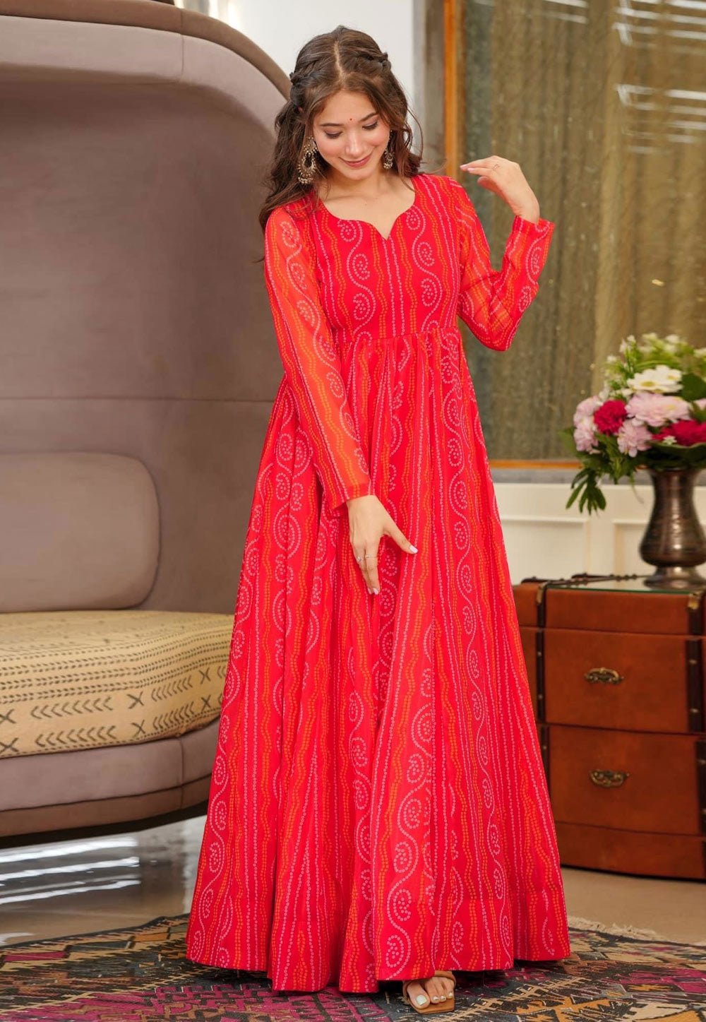 Red Plus Size Georgette Anarkali Gown (Up to 6XL)