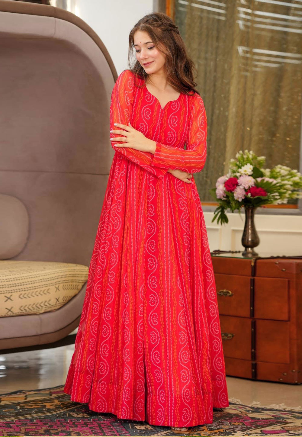 Red Plus Size Georgette Anarkali Gown (Up to 6XL)