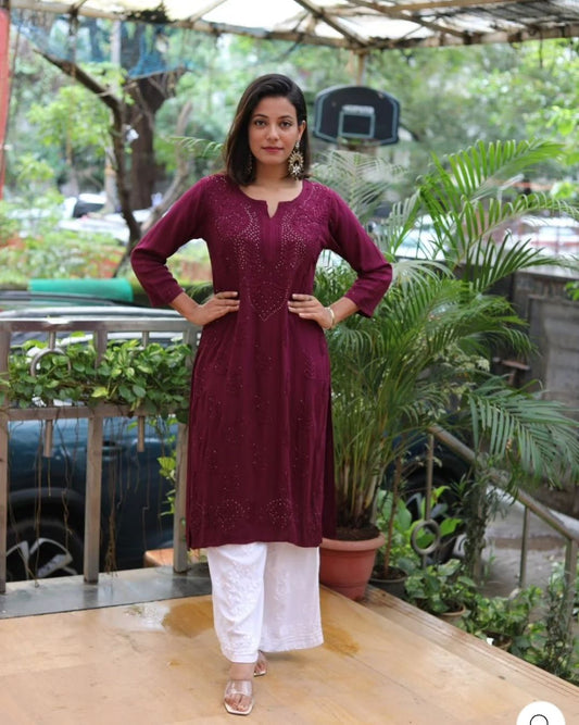 Wine Exquisite Lucknow Chikankari Kurti Set with Mukesh Work