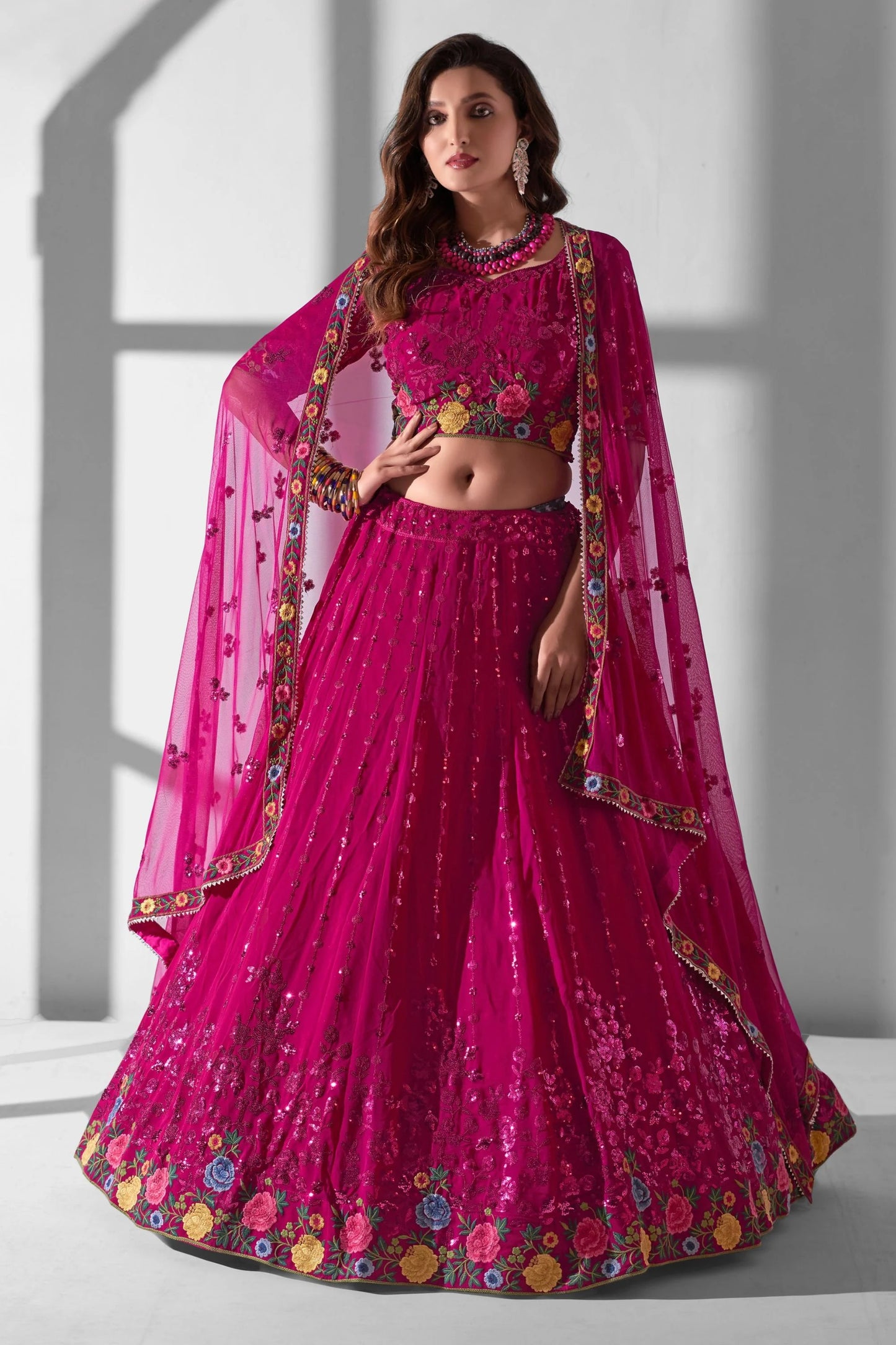 Pink Georgette Floral Embroidered Wedding Guest Lehenga Choli with Net