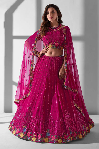 Pink Georgette Floral Embroidered Wedding Guest Lehenga Choli with Net